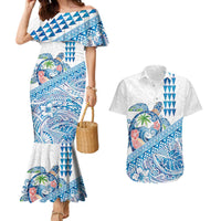Hawaiian Abstract Sea Turtle Couples Matching Mermaid Dress and Hawaiian Shirt Polynesian Tapa Art and Kakau Tattoo White WaterColor - Polynesian Pride