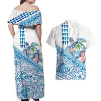 Hawaiian Abstract Sea Turtle Couples Matching Off Shoulder Maxi Dress and Hawaiian Shirt Polynesian Tapa Art and Kakau Tattoo White WaterColor - Polynesian Pride