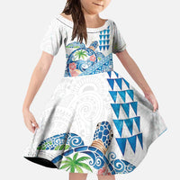 Hawaiian Abstract Sea Turtle Family Matching Long Sleeve Bodycon Dress and Hawaiian Shirt Polynesian Tapa Art and Kakau Tattoo White WaterColor - Polynesian Pride