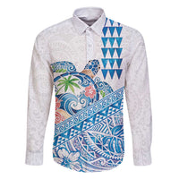Hawaiian Abstract Sea Turtle Family Matching Long Sleeve Bodycon Dress and Hawaiian Shirt Polynesian Tapa Art and Kakau Tattoo White WaterColor - Polynesian Pride