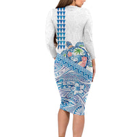 Hawaiian Abstract Sea Turtle Family Matching Long Sleeve Bodycon Dress and Hawaiian Shirt Polynesian Tapa Art and Kakau Tattoo White WaterColor - Polynesian Pride