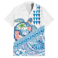 Hawaiian Abstract Sea Turtle Family Matching Off The Shoulder Long Sleeve Dress and Hawaiian Shirt Polynesian Tapa Art and Kakau Tattoo White WaterColor - Polynesian Pride
