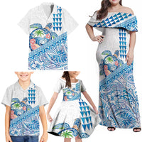 Hawaiian Abstract Sea Turtle Family Matching Off Shoulder Maxi Dress and Hawaiian Shirt Polynesian Tapa Art and Kakau Tattoo White WaterColor - Polynesian Pride