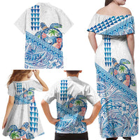 Hawaiian Abstract Sea Turtle Family Matching Off Shoulder Maxi Dress and Hawaiian Shirt Polynesian Tapa Art and Kakau Tattoo White WaterColor - Polynesian Pride