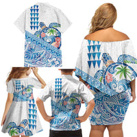 Hawaiian Abstract Sea Turtle Family Matching Off Shoulder Short Dress and Hawaiian Shirt Polynesian Tapa Art and Kakau Tattoo White WaterColor - Polynesian Pride