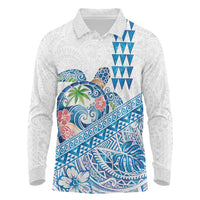 Hawaiian Abstract Sea Turtle Long Sleeve Polo Shirt Polynesian Tapa Art and Kakau Tattoo White WaterColor - Polynesian Pride