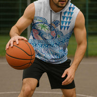 Hawaiian Abstract Sea Turtle Sleeveless Hoodie Polynesian Tapa Art and Kakau Tattoo White WaterColor - Polynesian Pride