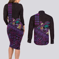 Hawaiian Abstract Sea Turtle Couples Matching Long Sleeve Bodycon Dress and Long Sleeve Button Shirt Polynesian Tapa Art and Kakau Tattoo Purple WaterColor - Polynesian Pride