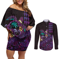 Hawaiian Abstract Sea Turtle Couples Matching Off Shoulder Short Dress and Long Sleeve Button Shirt Polynesian Tapa Art and Kakau Tattoo Purple WaterColor - Polynesian Pride