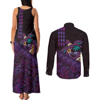 Hawaiian Abstract Sea Turtle Couples Matching Tank Maxi Dress and Long Sleeve Button Shirt Polynesian Tapa Art and Kakau Tattoo Purple WaterColor - Polynesian Pride