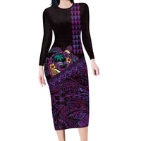 Hawaiian Abstract Sea Turtle Family Matching Long Sleeve Bodycon Dress and Hawaiian Shirt Polynesian Tapa Art and Kakau Tattoo Purple WaterColor - Polynesian Pride
