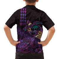 Hawaiian Abstract Sea Turtle Family Matching Off Shoulder Maxi Dress and Hawaiian Shirt Polynesian Tapa Art and Kakau Tattoo Purple WaterColor - Polynesian Pride
