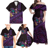 Hawaiian Abstract Sea Turtle Family Matching Off Shoulder Maxi Dress and Hawaiian Shirt Polynesian Tapa Art and Kakau Tattoo Purple WaterColor - Polynesian Pride