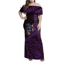 Hawaiian Abstract Sea Turtle Family Matching Off Shoulder Maxi Dress and Hawaiian Shirt Polynesian Tapa Art and Kakau Tattoo Purple WaterColor - Polynesian Pride
