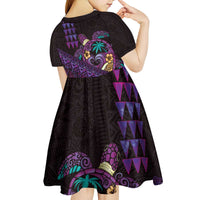 Hawaiian Abstract Sea Turtle Kid Short Sleeve Dress Polynesian Tapa Art and Kakau Tattoo Purple WaterColor - Polynesian Pride