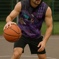 Hawaiian Abstract Sea Turtle Sleeveless Hoodie Polynesian Tapa Art and Kakau Tattoo Purple WaterColor - Polynesian Pride