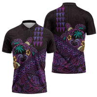 Hawaiian Abstract Sea Turtle Zipper Polo Shirt Polynesian Tapa Art and Kakau Tattoo Purple WaterColor - Polynesian Pride