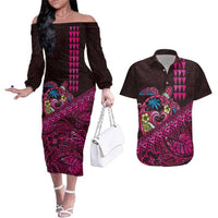 Hawaiian Abstract Sea Turtle Couples Matching Off The Shoulder Long Sleeve Dress and Hawaiian Shirt Polynesian Tapa Art and Kakau Tattoo Pink WaterColor - Polynesian Pride