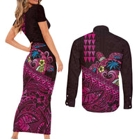 Hawaiian Abstract Sea Turtle Couples Matching Short Sleeve Bodycon Dress and Long Sleeve Button Shirt Polynesian Tapa Art and Kakau Tattoo Pink WaterColor - Polynesian Pride