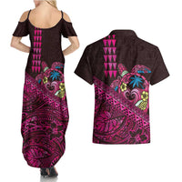 Hawaiian Abstract Sea Turtle Couples Matching Summer Maxi Dress and Hawaiian Shirt Polynesian Tapa Art and Kakau Tattoo Pink WaterColor - Polynesian Pride