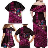 Hawaiian Abstract Sea Turtle Family Matching Off Shoulder Maxi Dress and Hawaiian Shirt Polynesian Tapa Art and Kakau Tattoo Pink WaterColor - Polynesian Pride