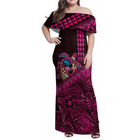 Hawaiian Abstract Sea Turtle Family Matching Off Shoulder Maxi Dress and Hawaiian Shirt Polynesian Tapa Art and Kakau Tattoo Pink WaterColor - Polynesian Pride