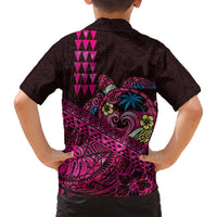 Hawaiian Abstract Sea Turtle Family Matching Off Shoulder Short Dress and Hawaiian Shirt Polynesian Tapa Art and Kakau Tattoo Pink WaterColor - Polynesian Pride