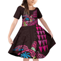 Hawaiian Abstract Sea Turtle Family Matching Off Shoulder Short Dress and Hawaiian Shirt Polynesian Tapa Art and Kakau Tattoo Pink WaterColor - Polynesian Pride