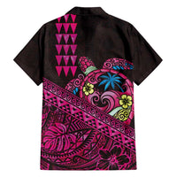 Hawaiian Abstract Sea Turtle Family Matching Off Shoulder Short Dress and Hawaiian Shirt Polynesian Tapa Art and Kakau Tattoo Pink WaterColor - Polynesian Pride