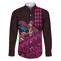Hawaiian Abstract Sea Turtle Family Matching Off Shoulder Short Dress and Hawaiian Shirt Polynesian Tapa Art and Kakau Tattoo Pink WaterColor - Polynesian Pride