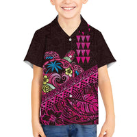 Hawaiian Abstract Sea Turtle Family Matching Off Shoulder Short Dress and Hawaiian Shirt Polynesian Tapa Art and Kakau Tattoo Pink WaterColor - Polynesian Pride
