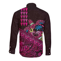 Hawaiian Abstract Sea Turtle Long Sleeve Button Shirt Polynesian Tapa Art and Kakau Tattoo Pink WaterColor - Polynesian Pride