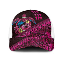 Hawaiian Abstract Sea Turtle Mesh Trucker Cap Polynesian Tapa Art and Kakau Tattoo Pink WaterColor - Polynesian Pride