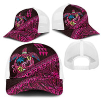 Hawaiian Abstract Sea Turtle Mesh Trucker Cap Polynesian Tapa Art and Kakau Tattoo Pink WaterColor - Polynesian Pride