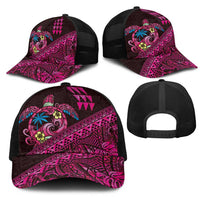 Hawaiian Abstract Sea Turtle Mesh Trucker Cap Polynesian Tapa Art and Kakau Tattoo Pink WaterColor - Polynesian Pride