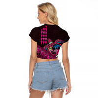 Hawaiian Abstract Sea Turtle Raglan Cropped T Shirt Polynesian Tapa Art and Kakau Tattoo Pink WaterColor - Polynesian Pride