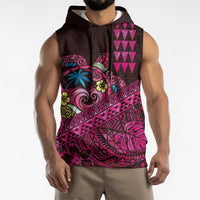 Hawaiian Abstract Sea Turtle Sleeveless Hoodie Polynesian Tapa Art and Kakau Tattoo Pink WaterColor - Polynesian Pride