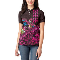 Hawaiian Abstract Sea Turtle Women Polo Shirt Polynesian Tapa Art and Kakau Tattoo Pink WaterColor - Polynesian Pride