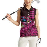 Hawaiian Abstract Sea Turtle Women Sleeveless Polo Shirt Polynesian Tapa Art and Kakau Tattoo Pink WaterColor - Polynesian Pride