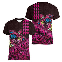 Hawaiian Abstract Sea Turtle Women V-Neck T-Shirt Polynesian Tapa Art and Kakau Tattoo Pink WaterColor - Polynesian Pride