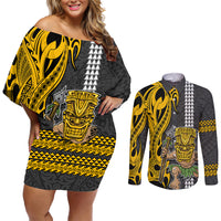 Hawaii Island Couples Matching Off Shoulder Short Dress and Long Sleeve Button Shirts Hawaiian Warrior and Kakau Symbols Abstract Tattoo LT03 Yellow - Polynesian Pride