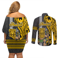 Hawaii Island Couples Matching Off Shoulder Short Dress and Long Sleeve Button Shirts Hawaiian Warrior and Kakau Symbols Abstract Tattoo LT03 - Polynesian Pride