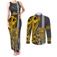 Hawaii Island Couples Matching Tank Maxi Dress and Long Sleeve Button Shirts Hawaiian Warrior and Kakau Symbols Abstract Tattoo LT03 Yellow - Polynesian Pride