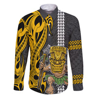 Hawaii Island Family Matching Off Shoulder Short Dress and Hawaiian Shirt Hawaiian Warrior and Kakau Symbols Abstract Tattoo LT03 Dad's Shirt - Long Sleeve Yellow - Polynesian Pride