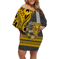 Custom Hawaii Island Off Shoulder Short Dress Hawaiian Warrior and Kakau Symbols Abstract Tattoo LT03 Women Yellow - Polynesian Pride