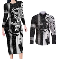 Hawaii Island Couples Matching Long Sleeve Bodycon Dress and Long Sleeve Button Shirts Hawaiian King and Kakau Symbols Abstract Shoulder Tattoo LT03 Black - Polynesian Pride