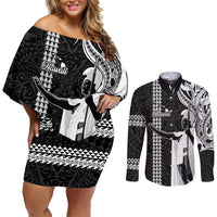 Hawaii Island Couples Matching Off Shoulder Short Dress and Long Sleeve Button Shirts Hawaiian King and Kakau Symbols Abstract Shoulder Tattoo LT03 Black - Polynesian Pride