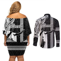 Hawaii Island Couples Matching Off Shoulder Short Dress and Long Sleeve Button Shirts Hawaiian King and Kakau Symbols Abstract Shoulder Tattoo LT03 - Polynesian Pride