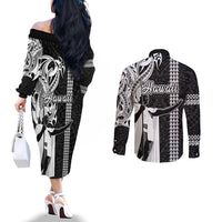 Hawaii Island Couples Matching Off The Shoulder Long Sleeve Dress and Long Sleeve Button Shirts Hawaiian King and Kakau Symbols Abstract Shoulder Tattoo LT03 - Polynesian Pride