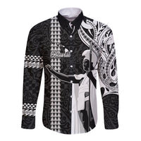 Hawaii Island Long Sleeve Button Shirt Hawaiian King and Kakau Symbols Abstract Shoulder Tattoo LT03 Unisex Black - Polynesian Pride